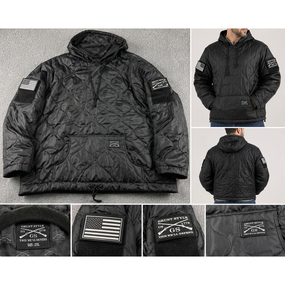 Grunt Style Woobie Hoodie Mens 2XL Black Quilted Pullover Jacket American Flag